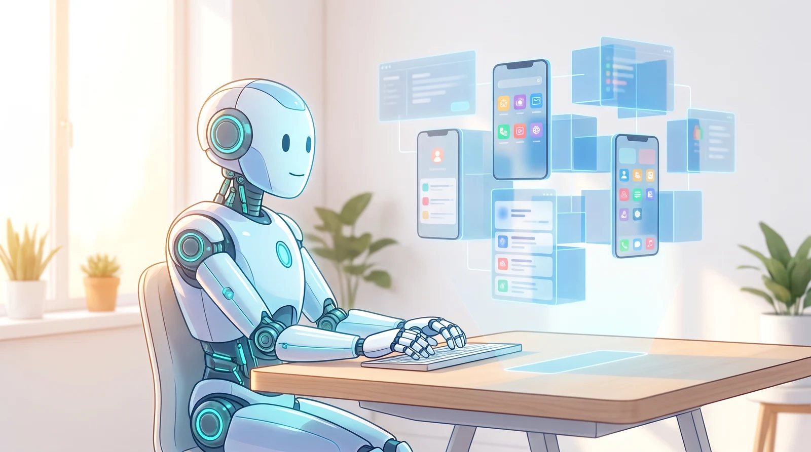 AIロボットがアプリを組み立てているイメージ