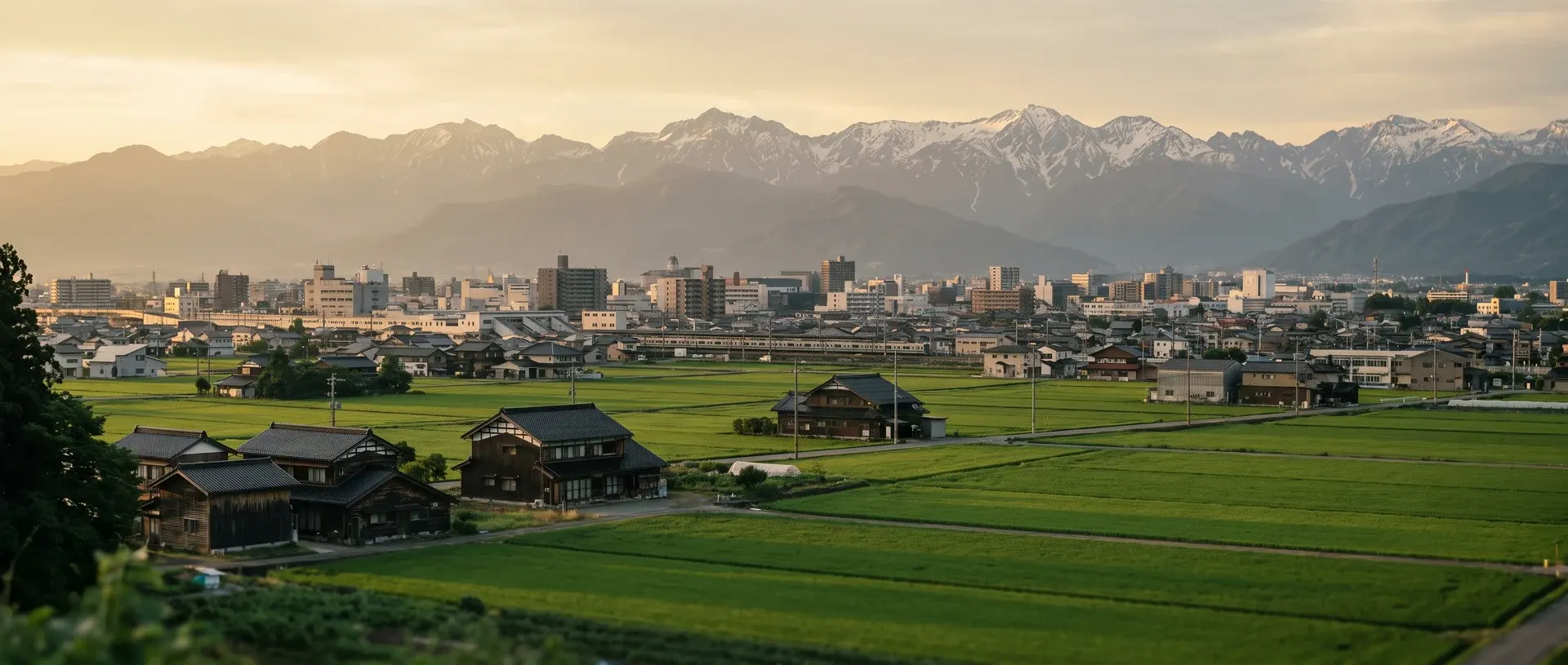 立山連峰を望む富山の朝の風景